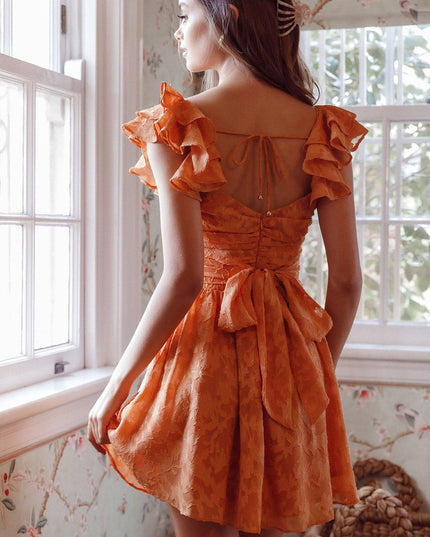 Orange Ruffle Shoulder Ruched Dress Textured