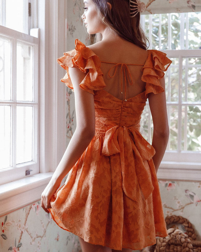 Orange Ruffle Shoulder Ruched Dress Textured