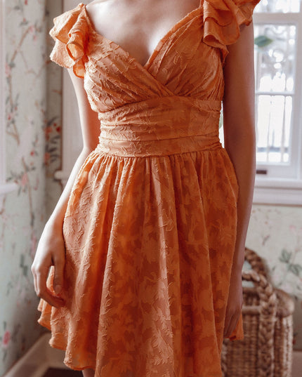 Orange Ruffle Shoulder Ruched Dress Textured