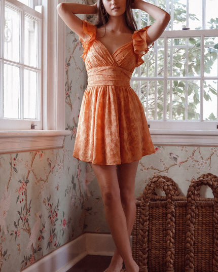 Orange Ruffle Shoulder Ruched Dress Textured