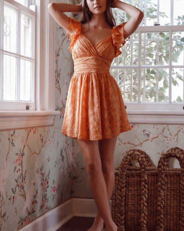 Orange Ruffle Shoulder Ruched Dress Textured