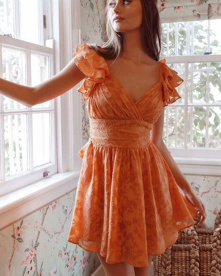 Orange Ruffle Shoulder Ruched Dress Textured