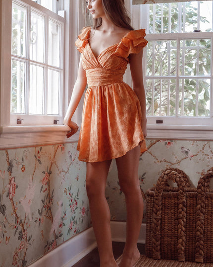 Orange Ruffle Shoulder Ruched Dress Textured