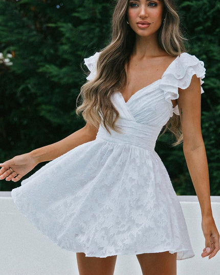 White Ruffle Shoulder Ruched Dress Textured