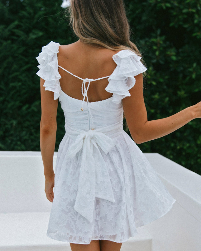 White Ruffle Shoulder Ruched Dress Textured