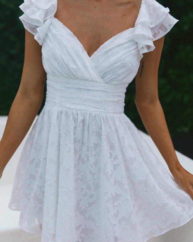 White Ruffle Shoulder Ruched Dress Textured