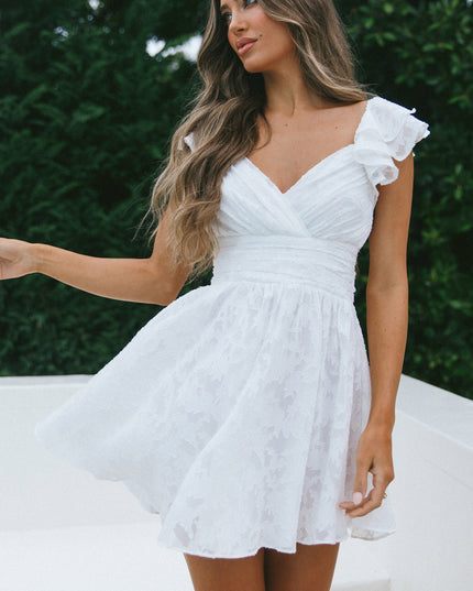 White Ruffle Shoulder Ruched Dress Textured