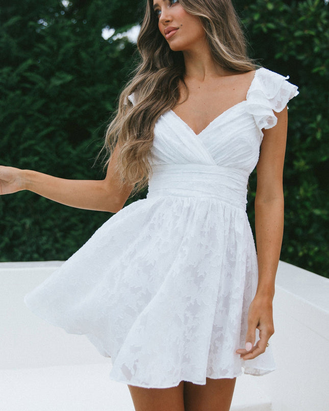 White Ruffle Shoulder Ruched Dress Textured