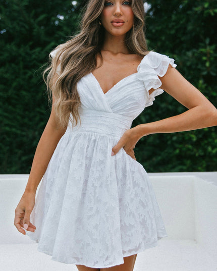 White Ruffle Shoulder Ruched Dress Textured
