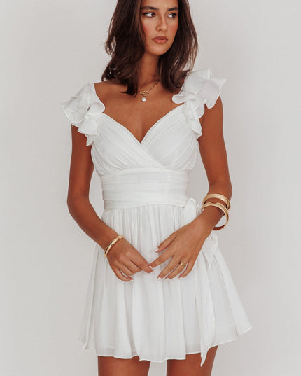 White Ruffle Shoulder Ruched Dress