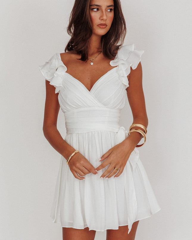 White Ruffle Shoulder Ruched Dress