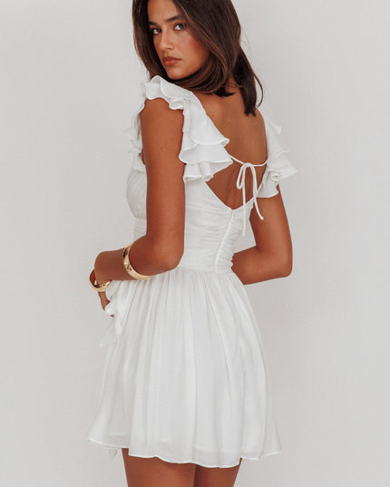 White Ruffle Shoulder Ruched Dress