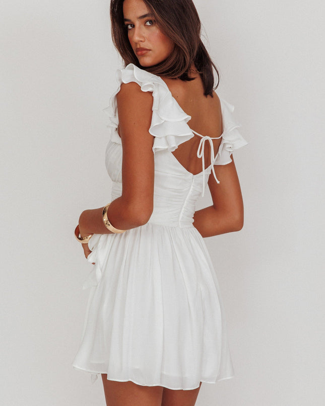 White Ruffle Shoulder Ruched Dress