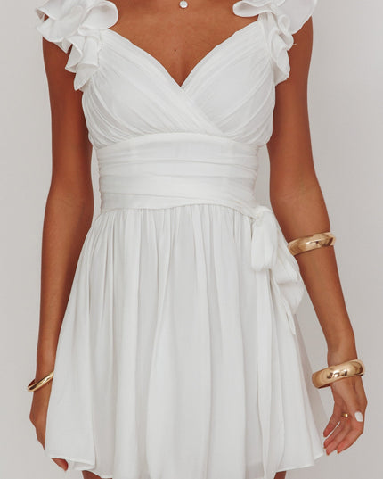 White Ruffle Shoulder Ruched Dress