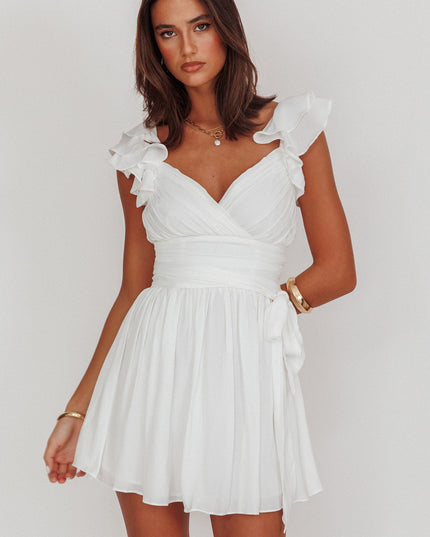 White Ruffle Shoulder Ruched Dress