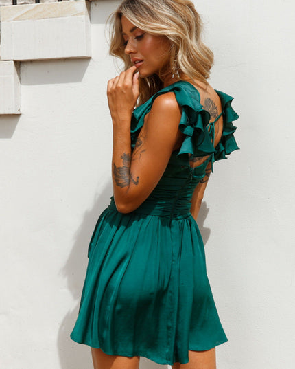 Forest Green Ruffle Shoulder Ruched Dress