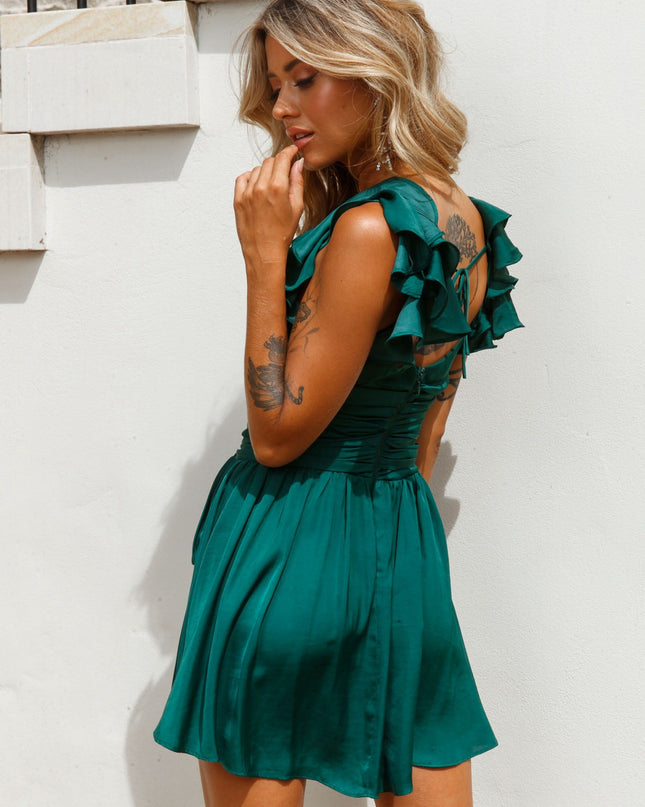 Forest Green Ruffle Shoulder Ruched Dress