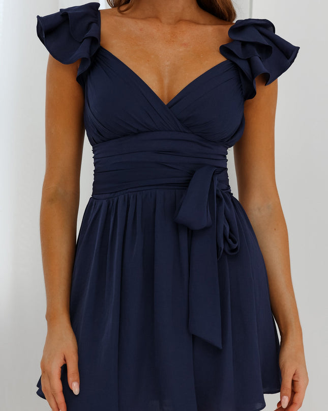 Navy Ruffle Shoulder Ruched Dress