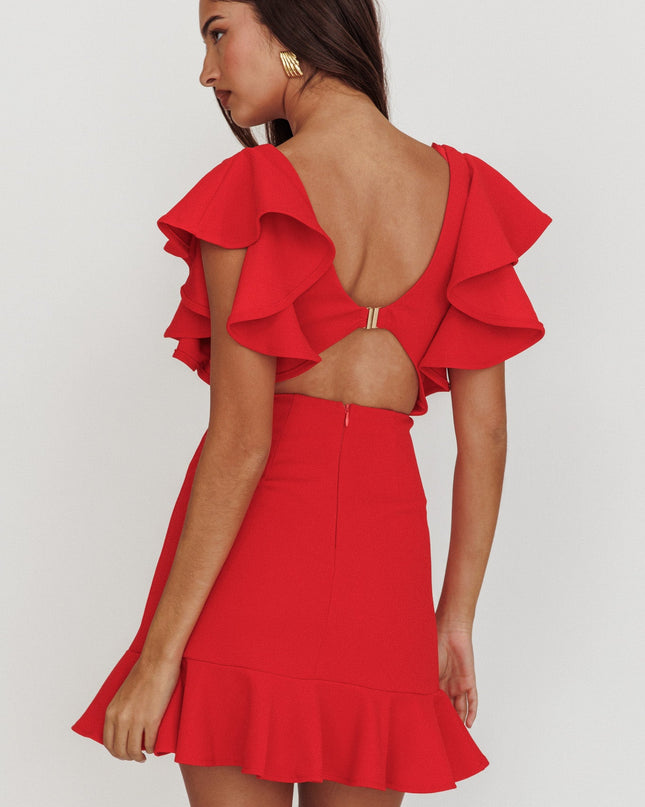 Red Bow V-Neckline Ruffle Shoulder Bodycon Dress