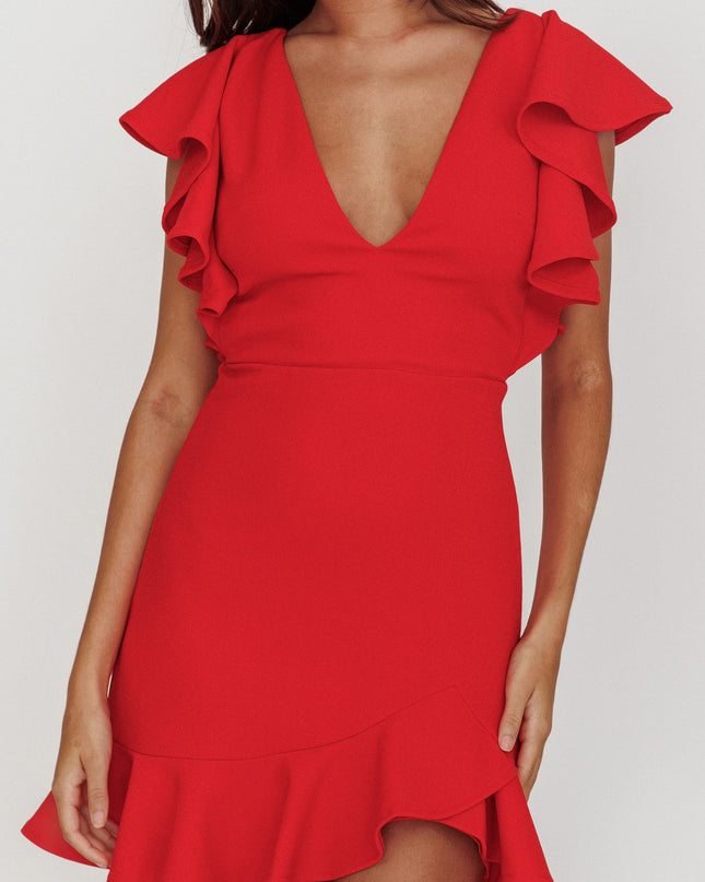 Red Bow V-Neckline Ruffle Shoulder Bodycon Dress