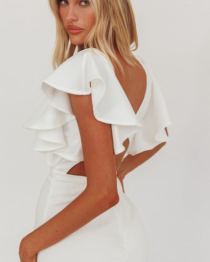 White Bow V-Neckline Ruffle Shoulder Bodycon Dress