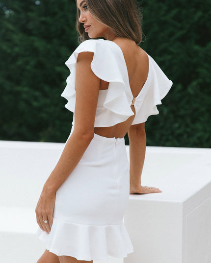 White Bow V-Neckline Ruffle Shoulder Bodycon Dress