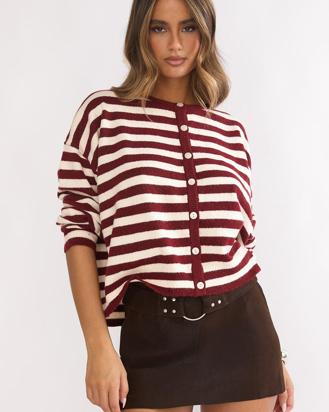 Crimson Button Front Knitwear Top Stripe