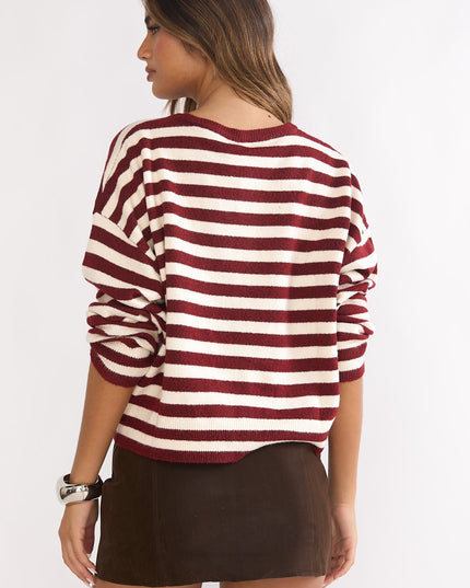 Crimson Button Front Knitwear Top Stripe