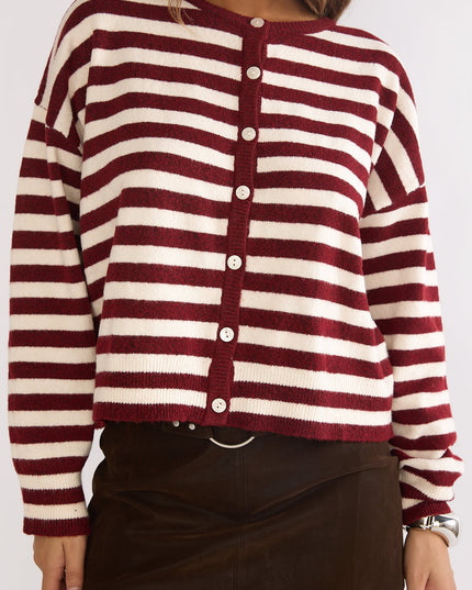 Crimson Button Front Knitwear Top Stripe