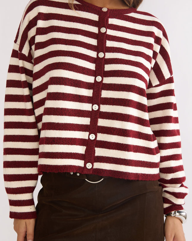Crimson Button Front Knitwear Top Stripe