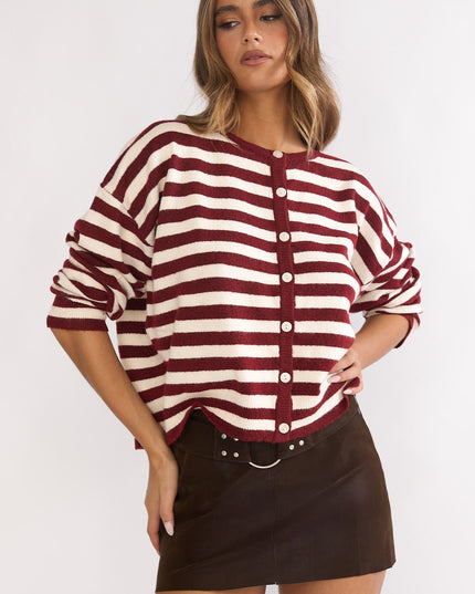 Crimson Button Front Knitwear Top Stripe