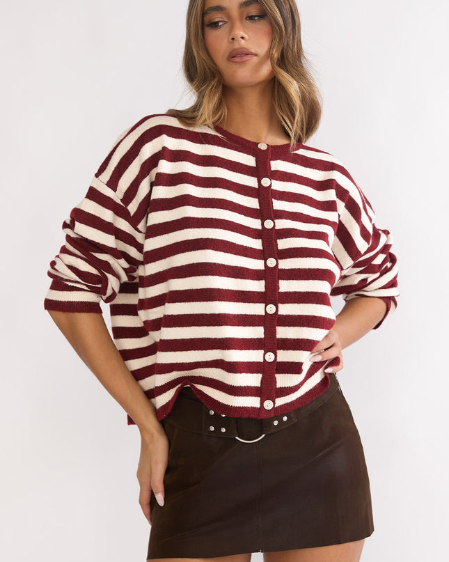 Crimson Button Front Knitwear Top Stripe