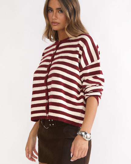 Crimson Button Front Knitwear Top Stripe