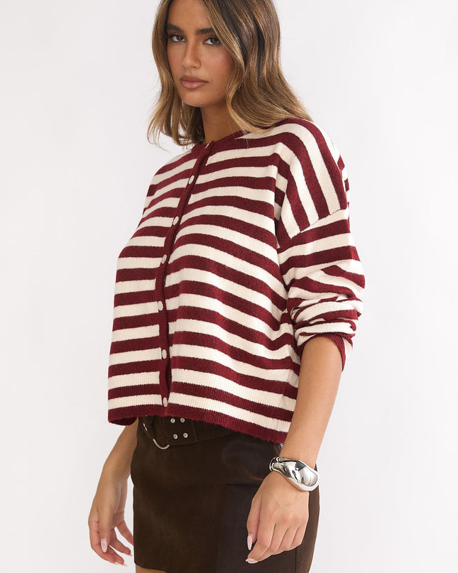 Crimson Button Front Knitwear Top Stripe