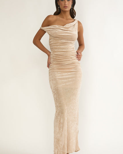 Silver Cowl Ruched Maxi Dress Champagne