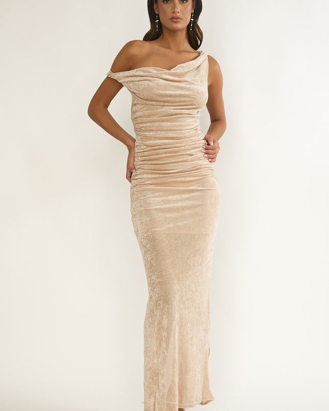 Silver Cowl Ruched Maxi Dress Champagne