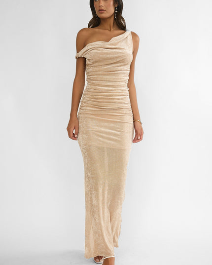 Silver Cowl Ruched Maxi Dress Champagne