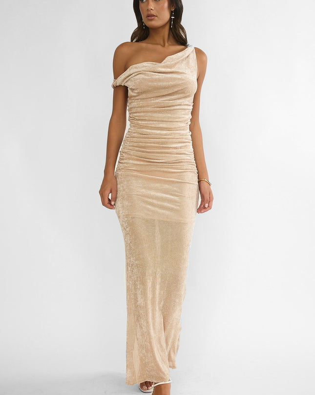Silver Cowl Ruched Maxi Dress Champagne