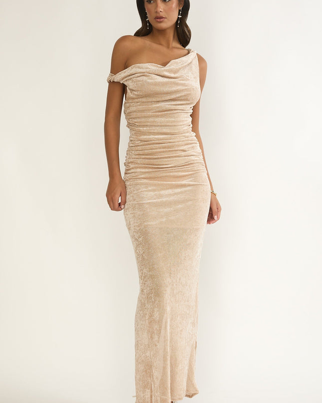 Silver Cowl Ruched Maxi Dress Champagne