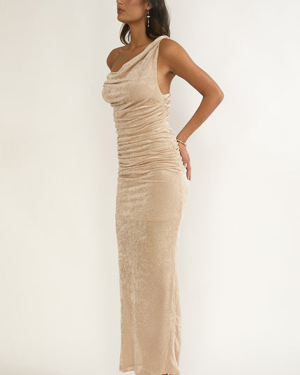 Silver Cowl Ruched Maxi Dress Champagne