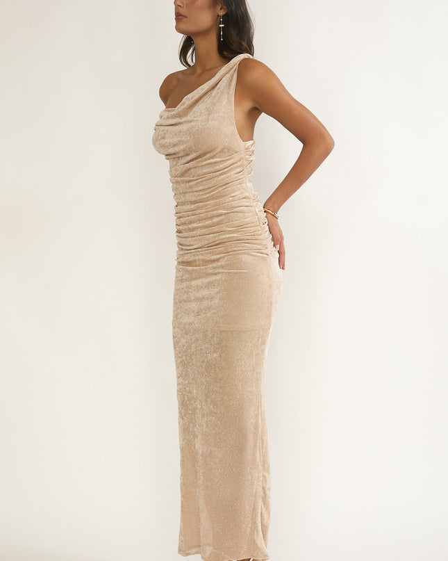 Silver Cowl Ruched Maxi Dress Champagne