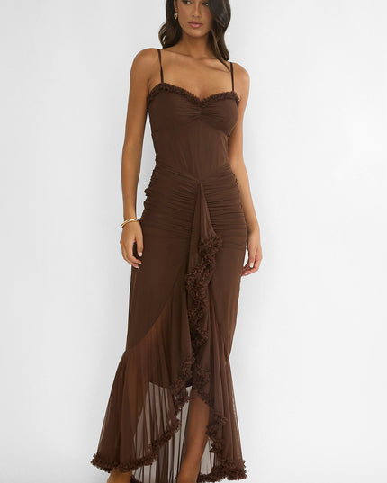 Chocolate Gathered Waist Frill Trim Maxi Dress
