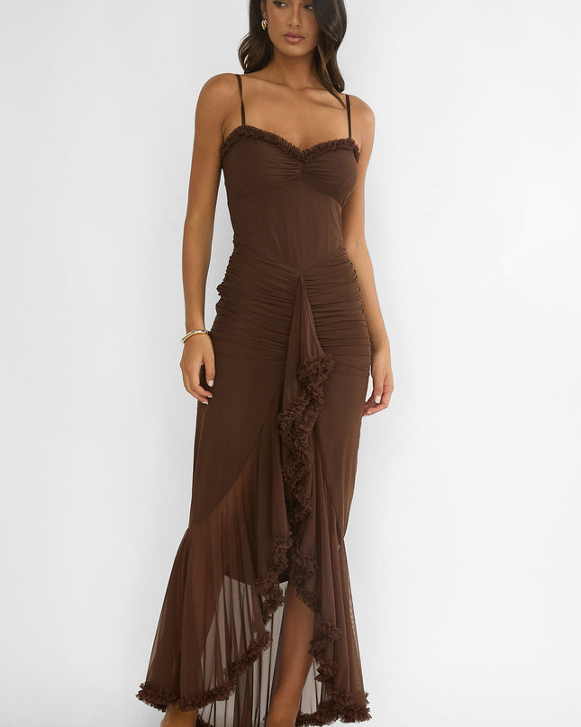 Chocolate Gathered Waist Frill Trim Maxi Dress
