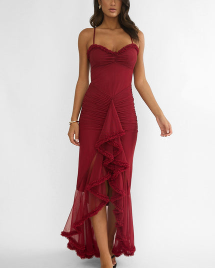 Wine Gathered Waist Frill Trim Maxi Dress
