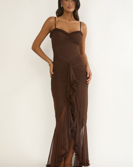 Chocolate Gathered Waist Frill Trim Maxi Dress