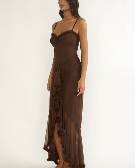 Chocolate Gathered Waist Frill Trim Maxi Dress