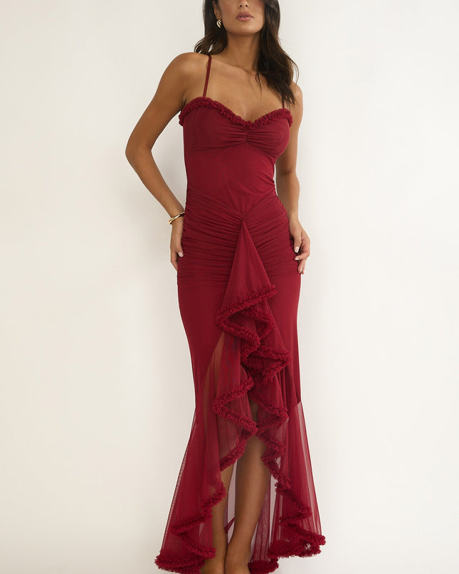 Wine Gathered Waist Frill Trim Maxi Dress