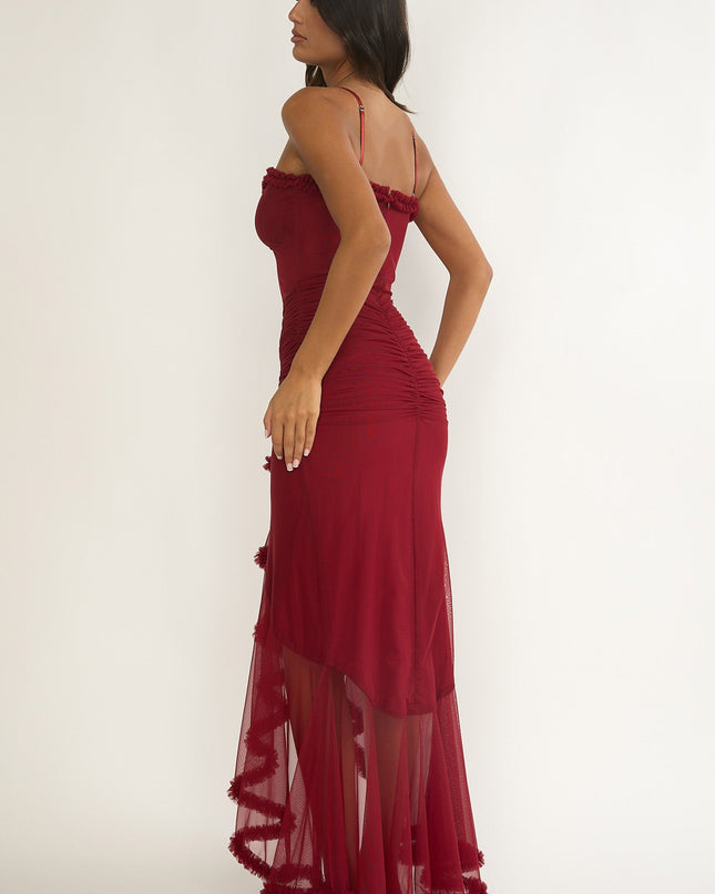 Wine Gathered Waist Frill Trim Maxi Dress