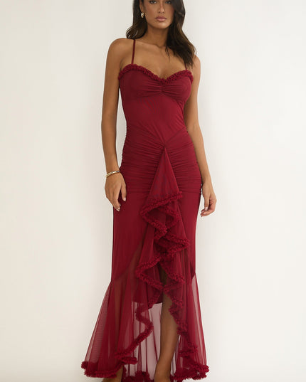 Wine Gathered Waist Frill Trim Maxi Dress
