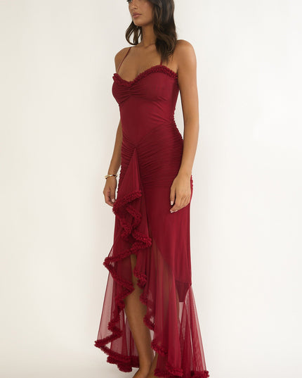 Wine Gathered Waist Frill Trim Maxi Dress